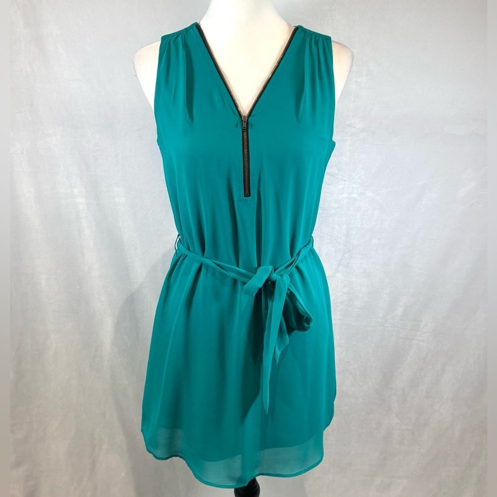Teal green zipper front belted chiffon dress size small
